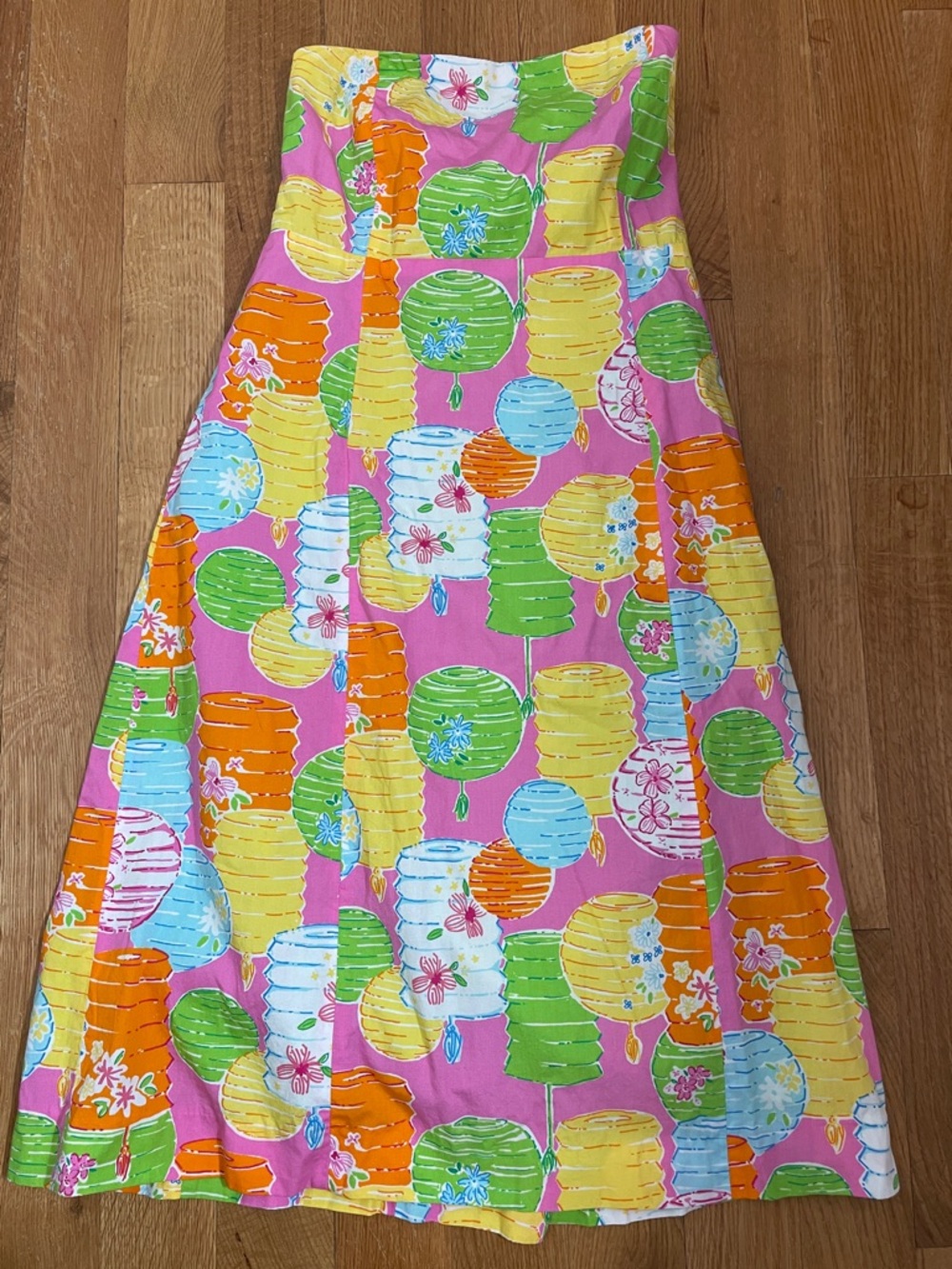 LILLY PULITZER Pink Chinese Lantern-Print Strapless Midi Dress White Label 6 EUC